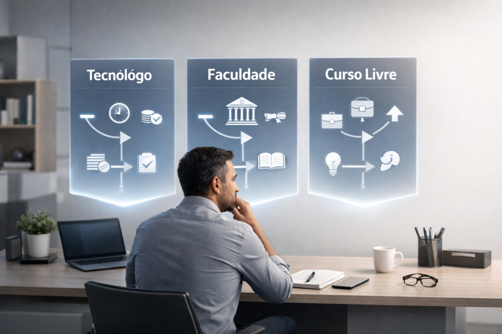 Profissional comparando tecnólogo, faculdade e curso livre para transição de carreira em 2026